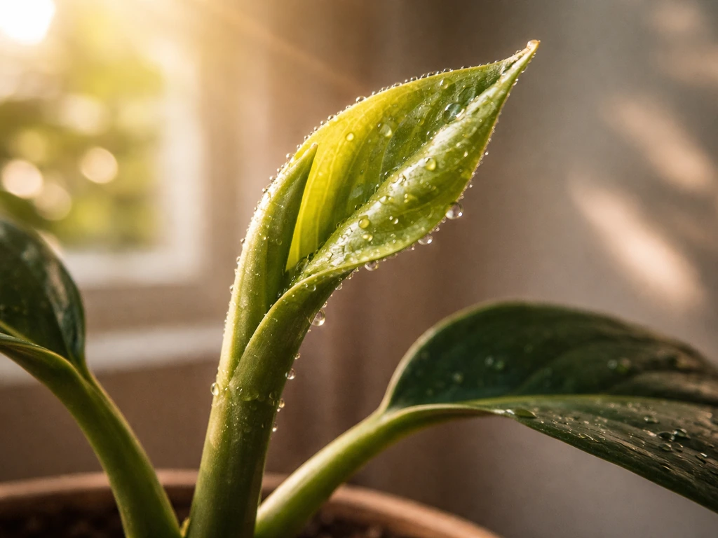 Close-up of a healthy houseplant showing fresh leaf growth in a sunbeam with water droplets on leaves.