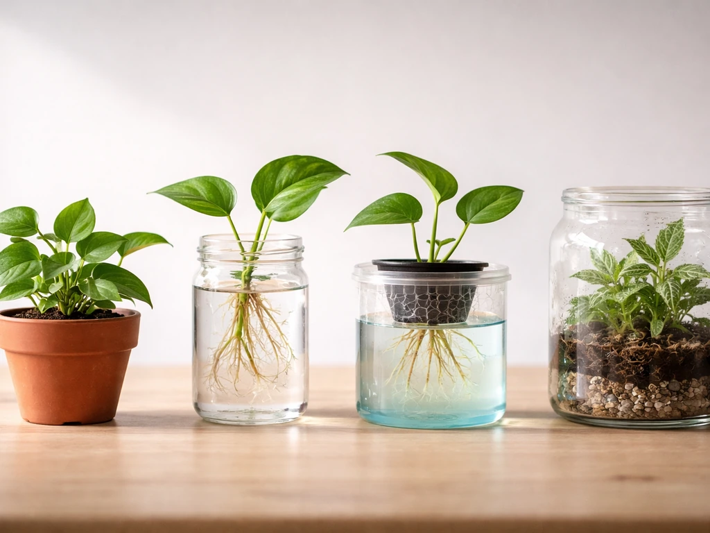 Four small indoor plant setups: soil pot, water propagation jar, simple hydroponic station, and terrarium