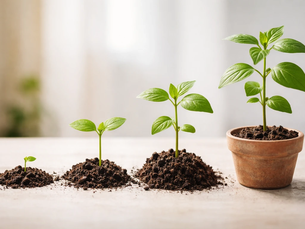 Four plant growth stages in one minimal photo composite: sprout, seedling, young plant, small mature plant.