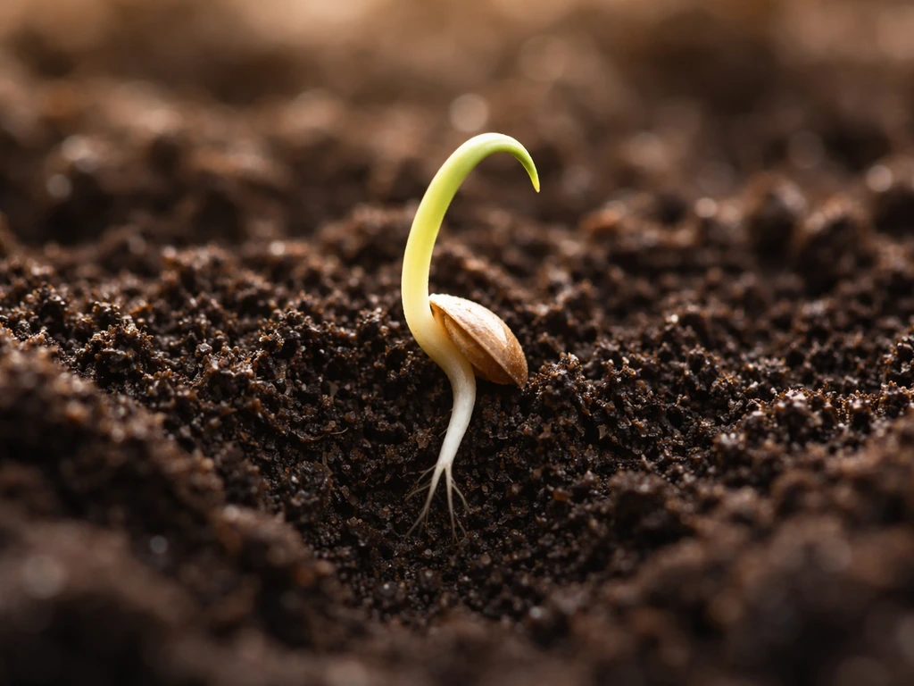 Close-up of a cracked seed: radicle down and tiny sprout up through moist soil.