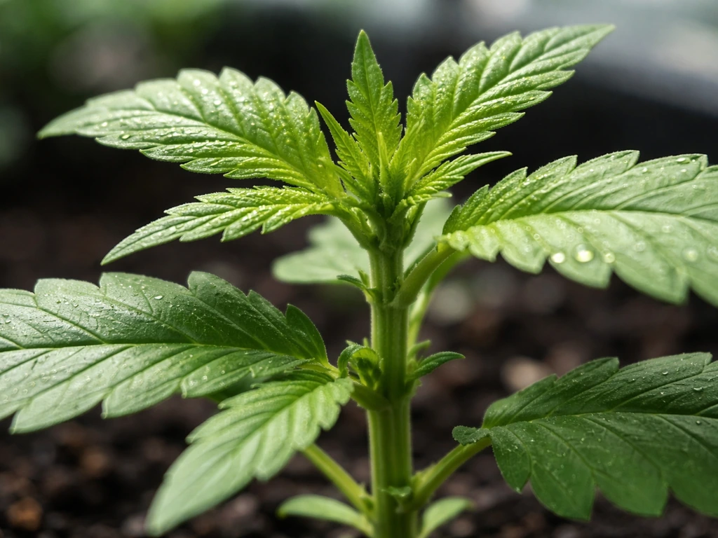 Close-up of a plant’s thickening stem and fresh unfurling leaves in natural light.