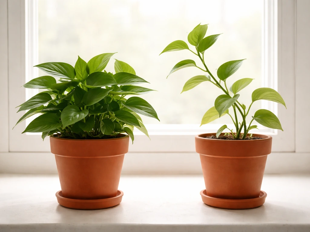 Two potted plants side-by-side: one compact and deep-green, the other leggy and reaching for light.