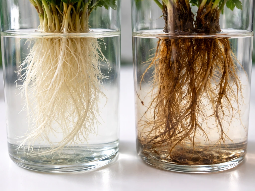 Side-by-side macro photo of healthy white roots vs brown slimy hydroponic root rot in clear containers