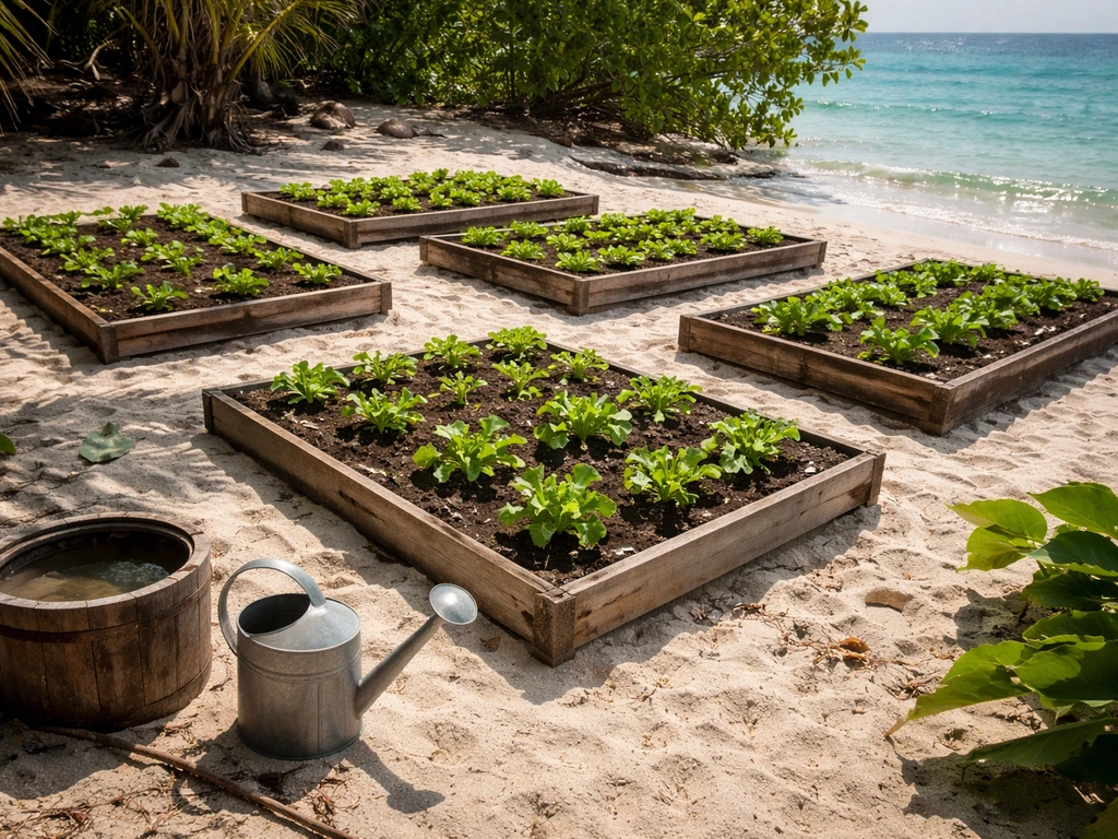 Tropical island plot farm with small green crops growing in raised beds, visible water surface nearby