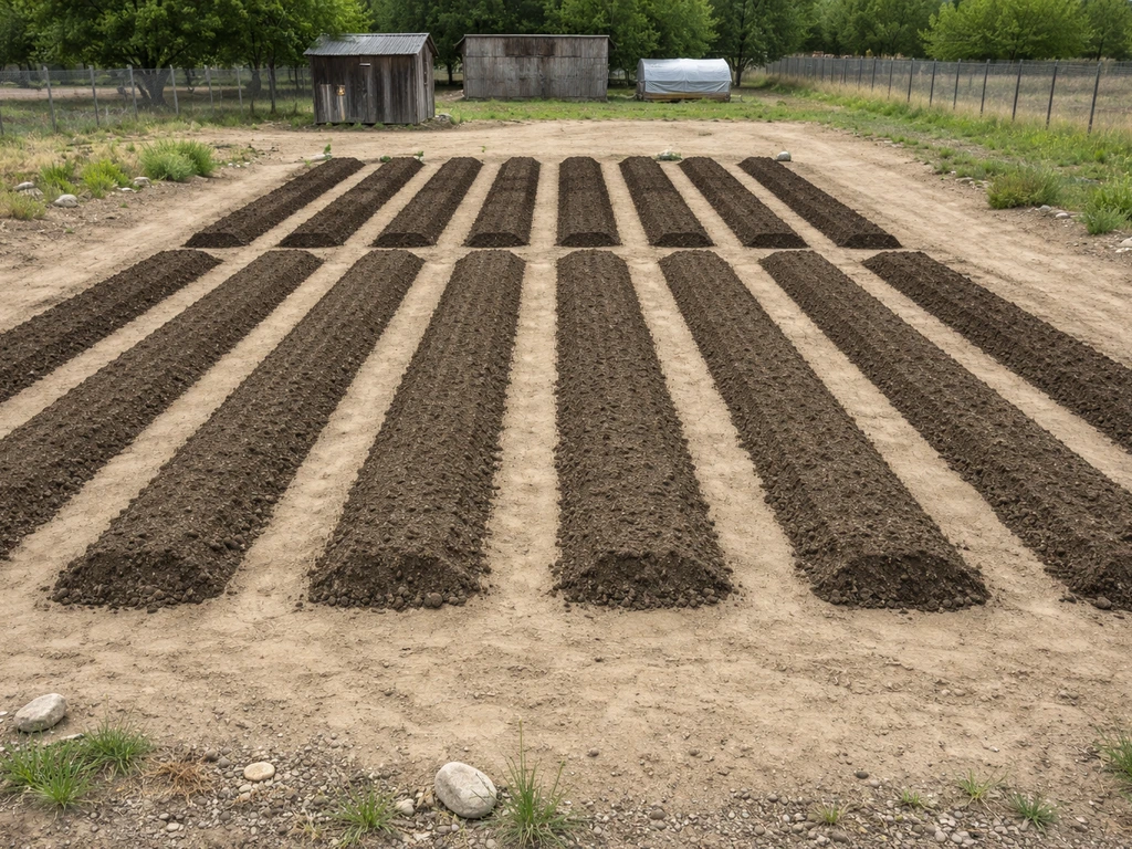 Overhead view of flat sandy farm plots near simple structures, with aligned planting beds and open workable space.