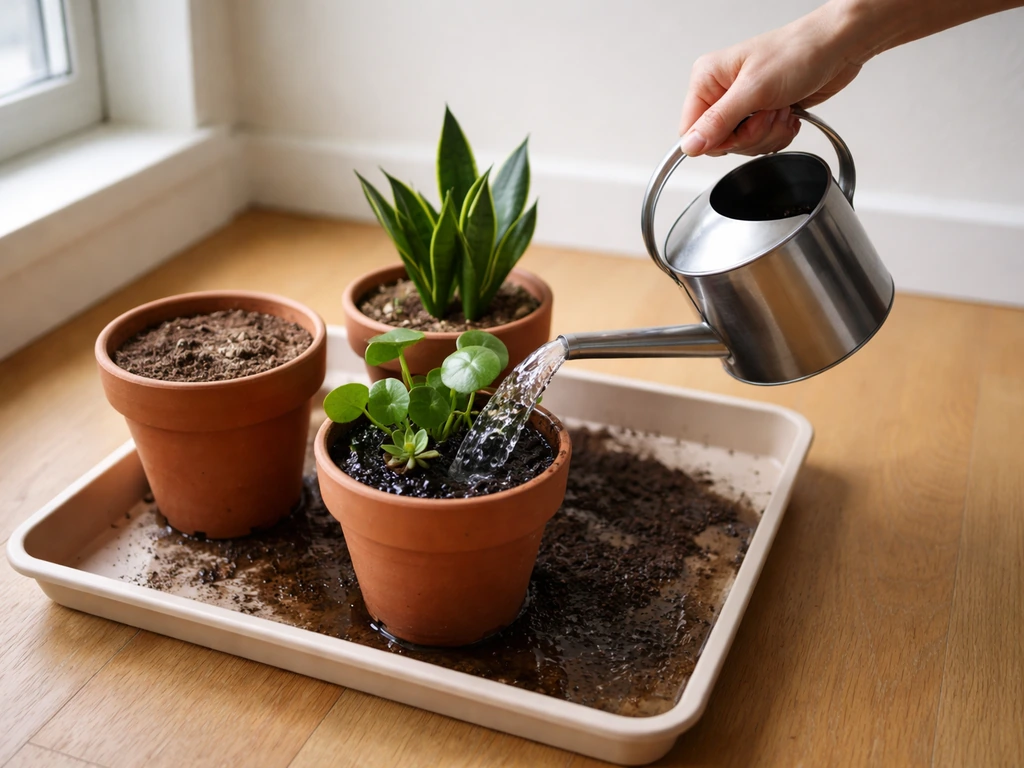 Close-up of a hand watering potted plants near a small tray, showing a fresh splash and moist soil.