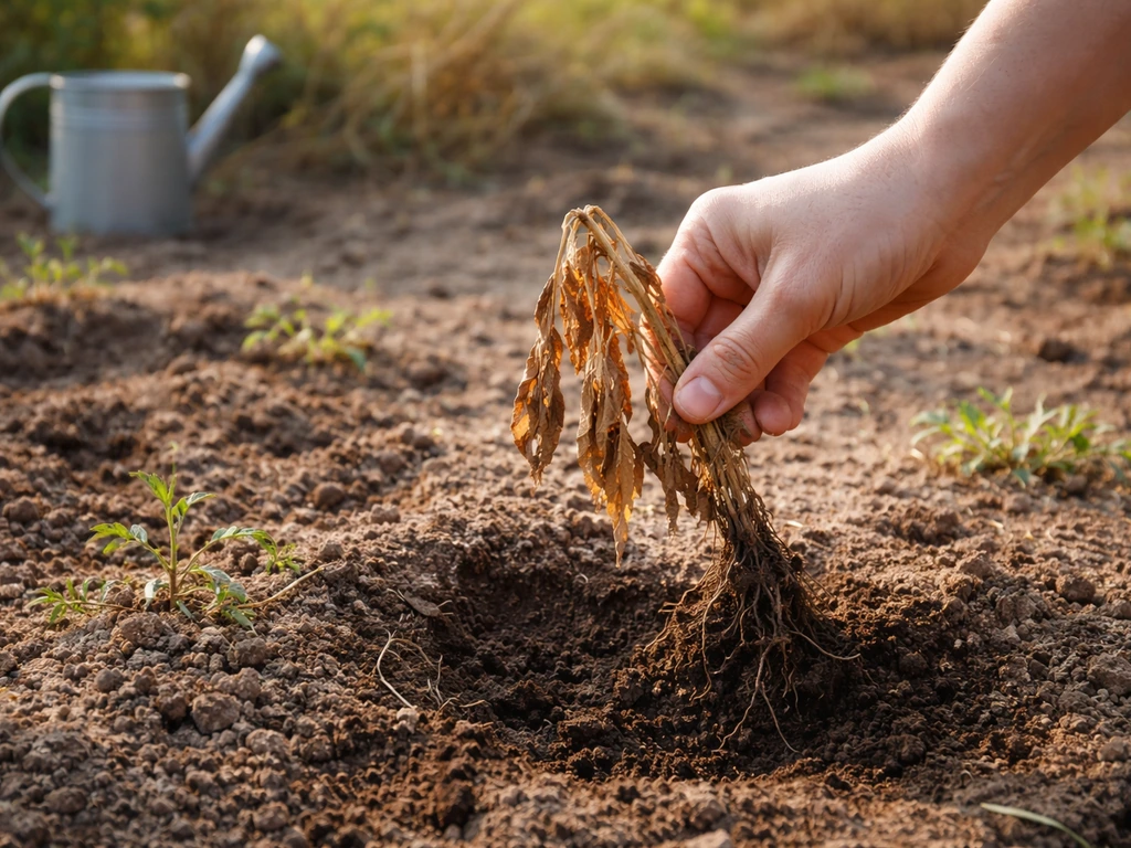 Withered plant in a small garden plot as a hand removes it, ready to replant