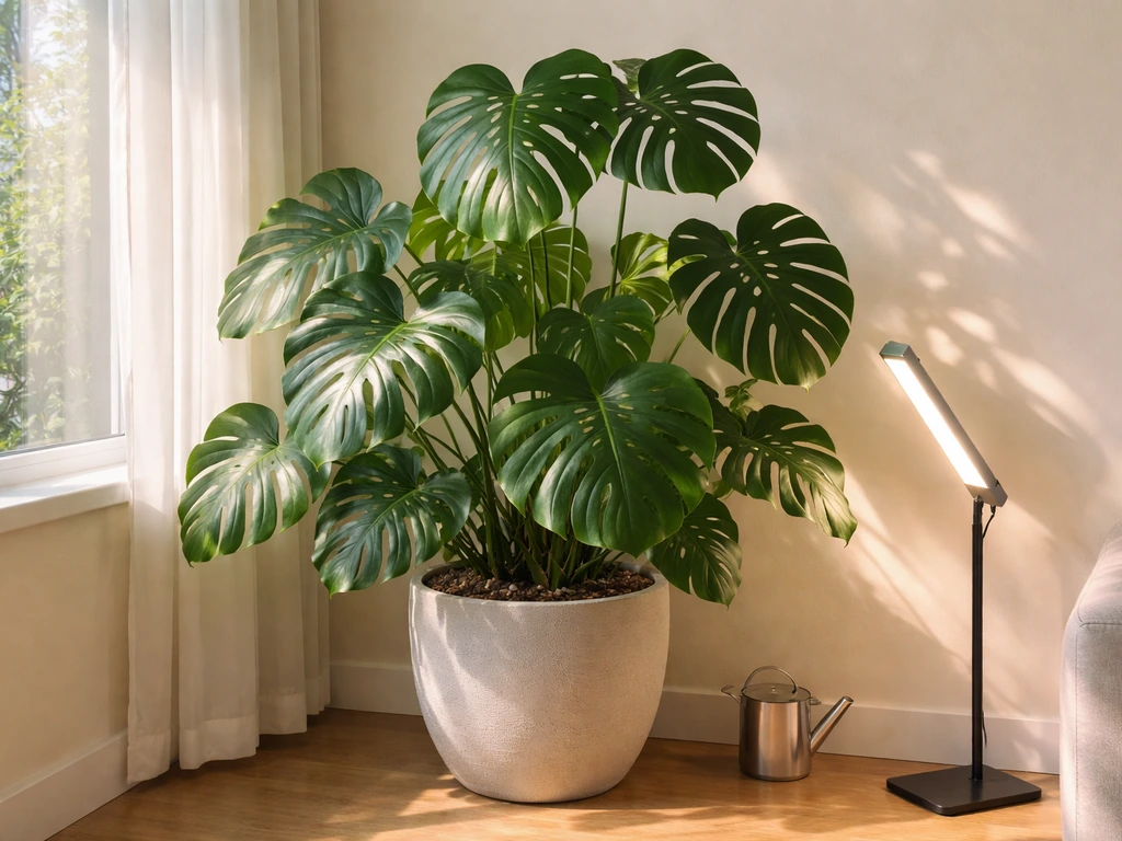 Monstera beside a window and LED grow light in a bright, minimalist indoor plant corner