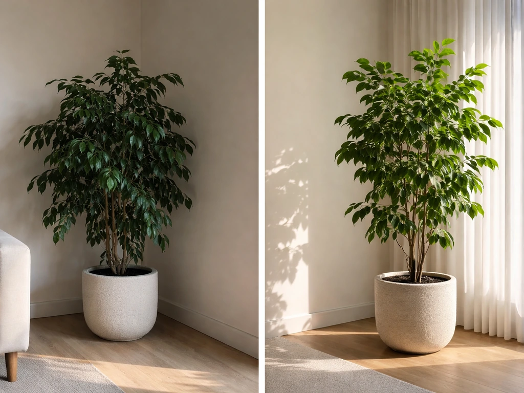 Two large potted plants side-by-side: one droops in shade, the other thrives in bright window light.