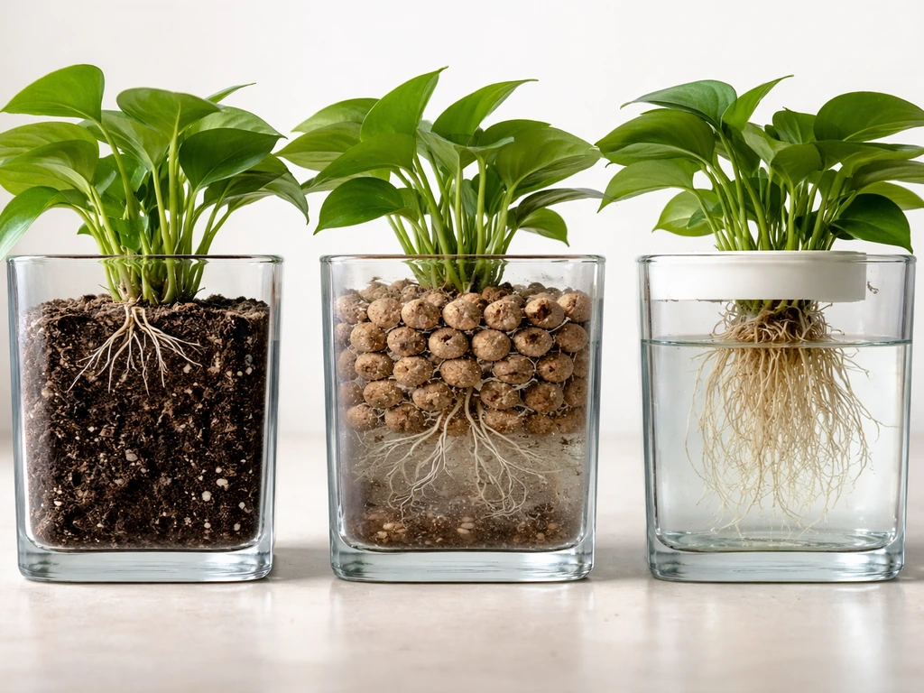 Three side-by-side containers showing soil, LECA semi-hydro, and hydroponic roots in water.