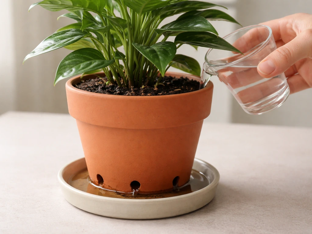 Houseplant in a pot with drainage holes on a saucer while watering to runoff