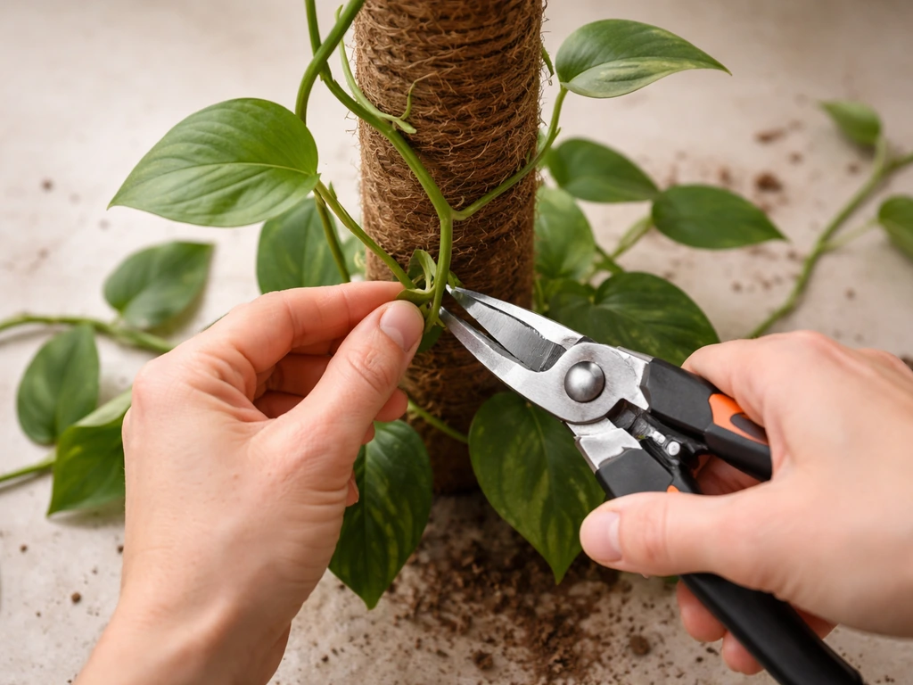 Overhead view of pruning a leafy vine just above a leaf node beside a moss pole trellis