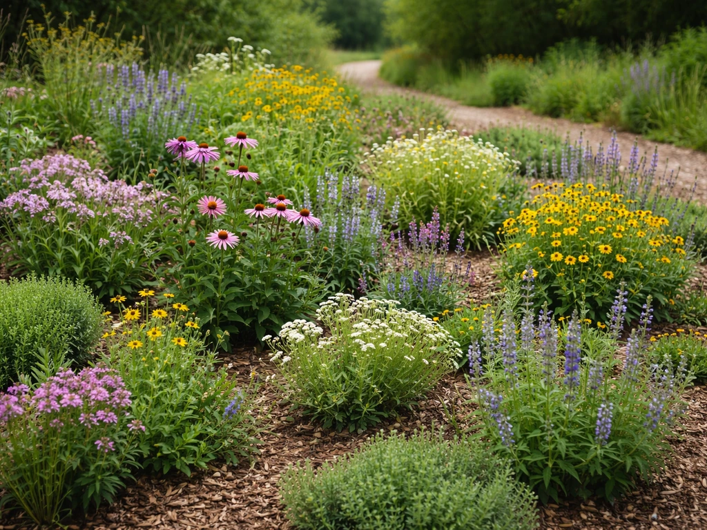 Thriving mixed native wildflowers and perennials blooming in a natural garden bed.