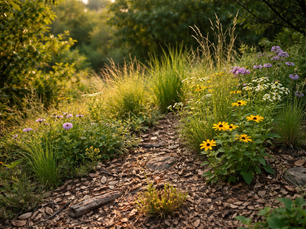 Sunlit patch of native wildflowers and grasses in a naturalized habitat with native foliage