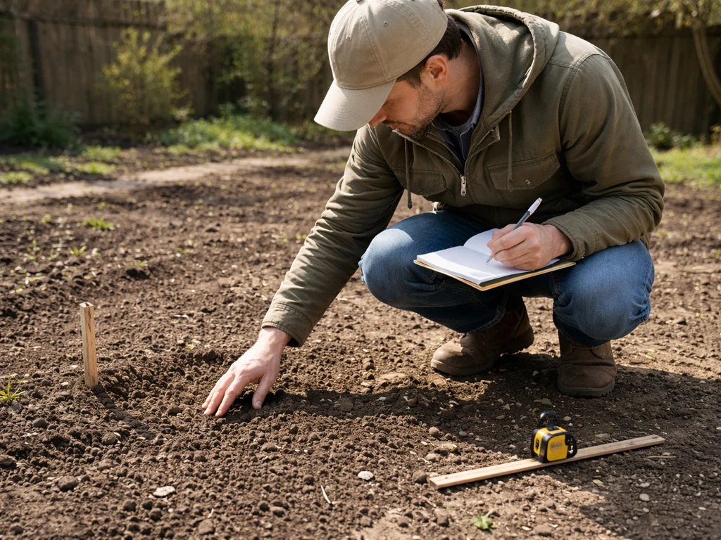 Gardener kneels by a soil bed, checking sun exposure and soil texture with notebook and measuring tape.