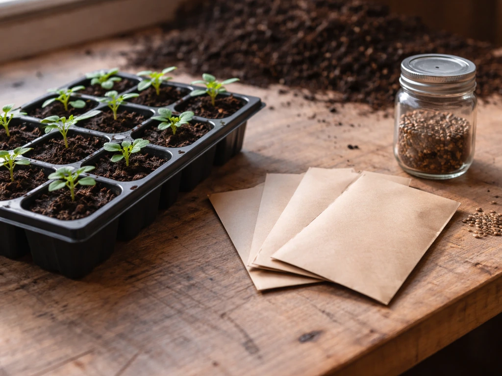Seedling tray of young green native plants beside seed packets and a small jar of seeds on a wooden bench.