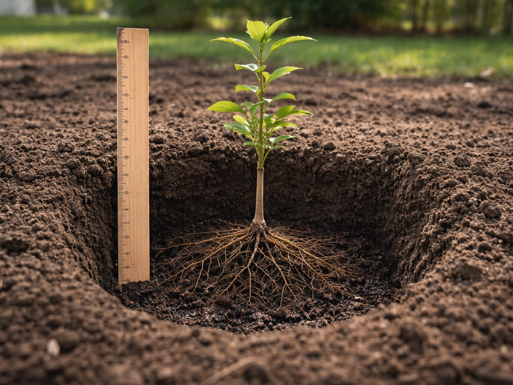 Seedling set at the correct planting depth beside an open hole with a ruler measuring reference.