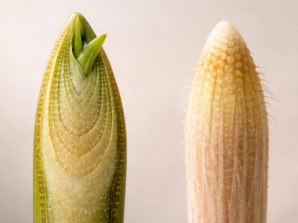 Macro cross-section of a plant shoot tip and root tip showing meristem zones and emerging growth.