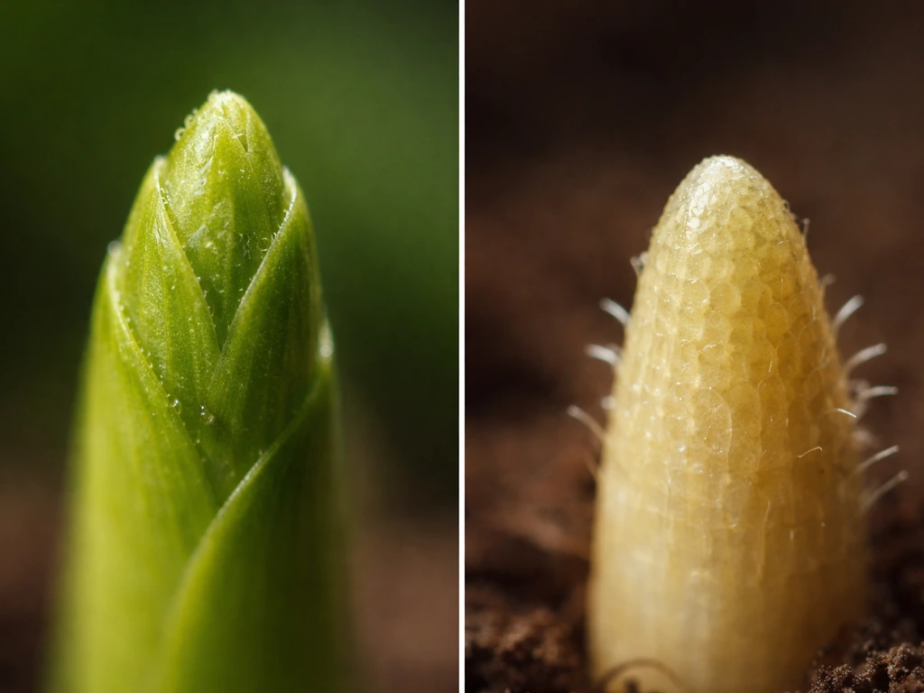 Macro photo of a shoot and root tip showing active growth at the very apical meristems.