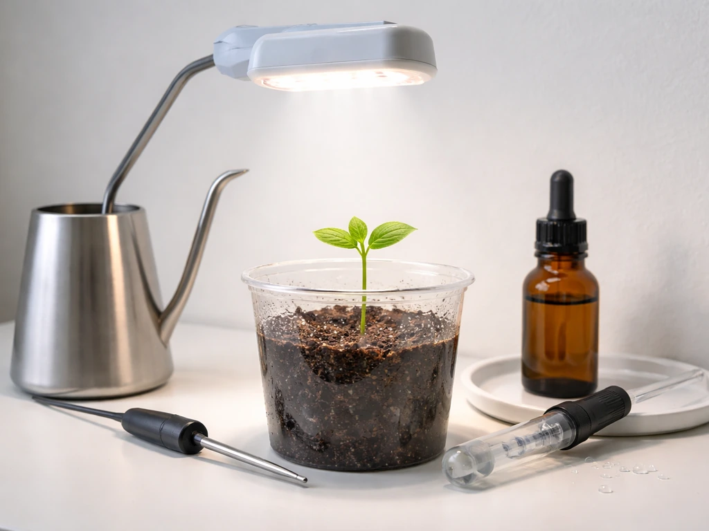 Minimal plant tip-growth setup with grow light, moisture, nutrient droplets, thermometer, and oxygen probe near roots.
