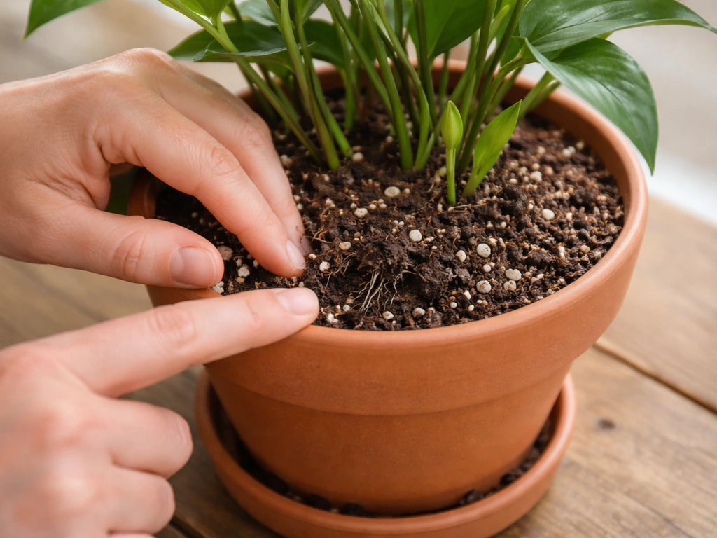 Hands inspecting potting mix with perlite, checking moisture near roots and new shoot tips.