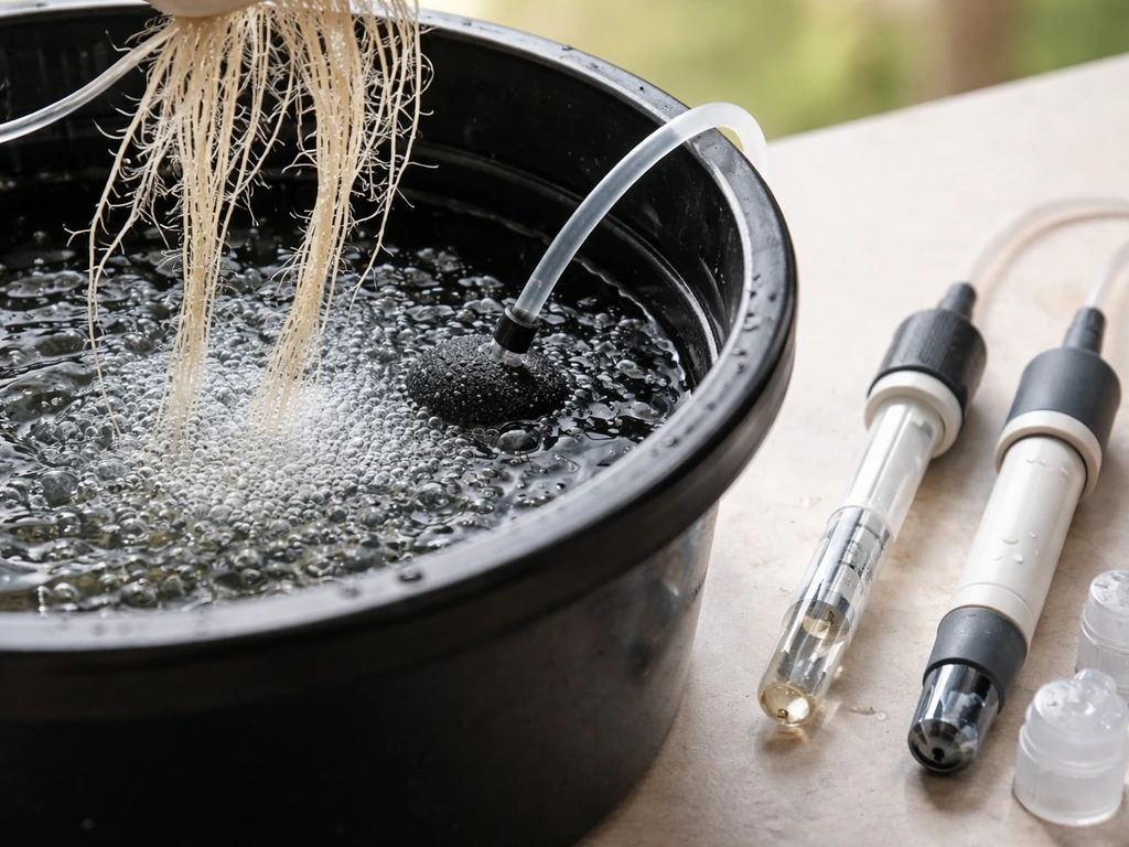 Close-up of hydroponic roots in nutrient solution with an air stone and pH/EC measurement tools nearby.