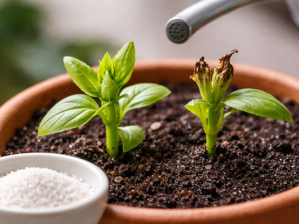 Two close-up young plant shoot tips: one healthy green, one brown/necrotic; soil is slightly compacted and damp.
