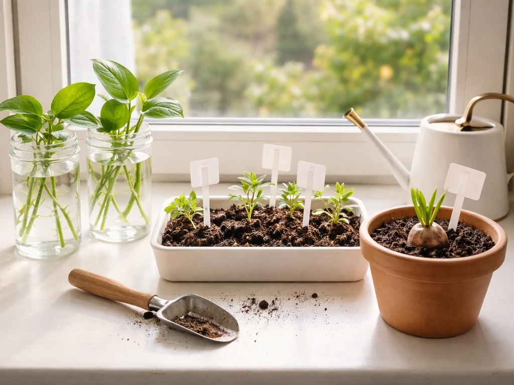Bright windowsill with three plant propagation setups: cuttings in water, cuttings in soil, and a bulb/tuber pot.