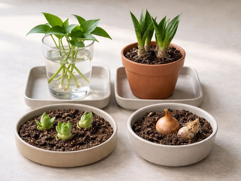 Minimal layout of four separate propagation containers with stem cuttings, division clumps, offsets, and bulb/corm piece