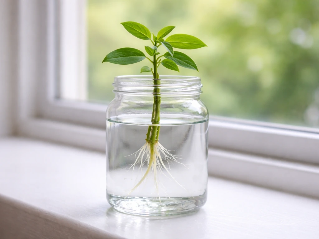 Plant cutting in a clear glass jar with early roots emerging in the water near the waterline.