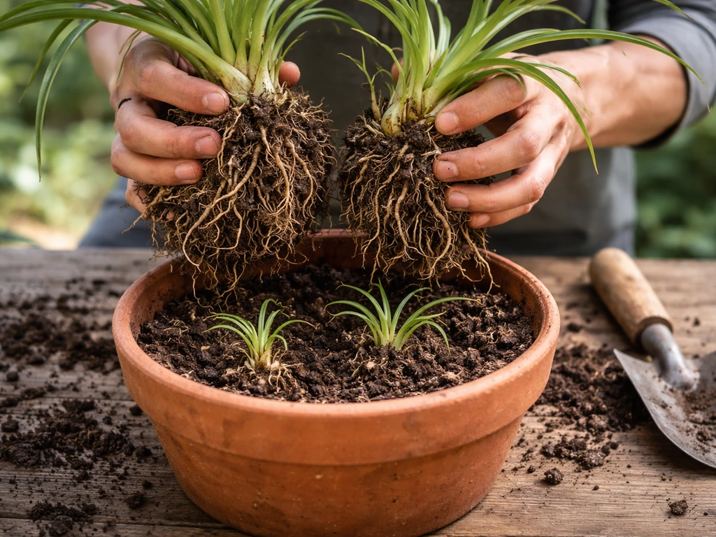 Hands separating a plant clump into two sections with intact roots in a terracotta pot on a table.