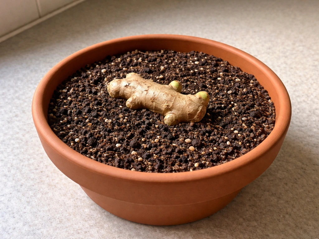 Ginger rhizome segment planted in a shallow pot with bumps facing upward for sprouting.