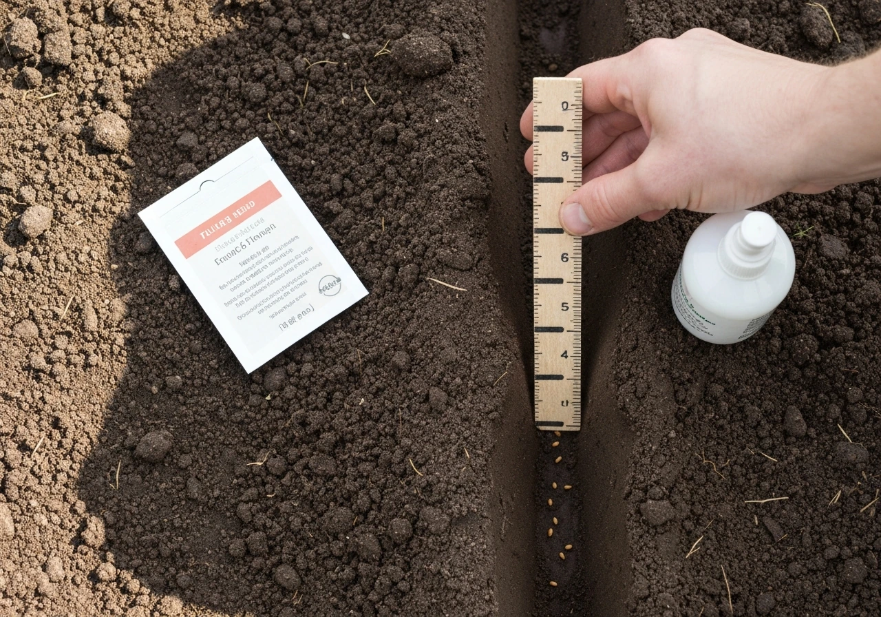 Planting seeds at proper depth with soil covering and a depth guide