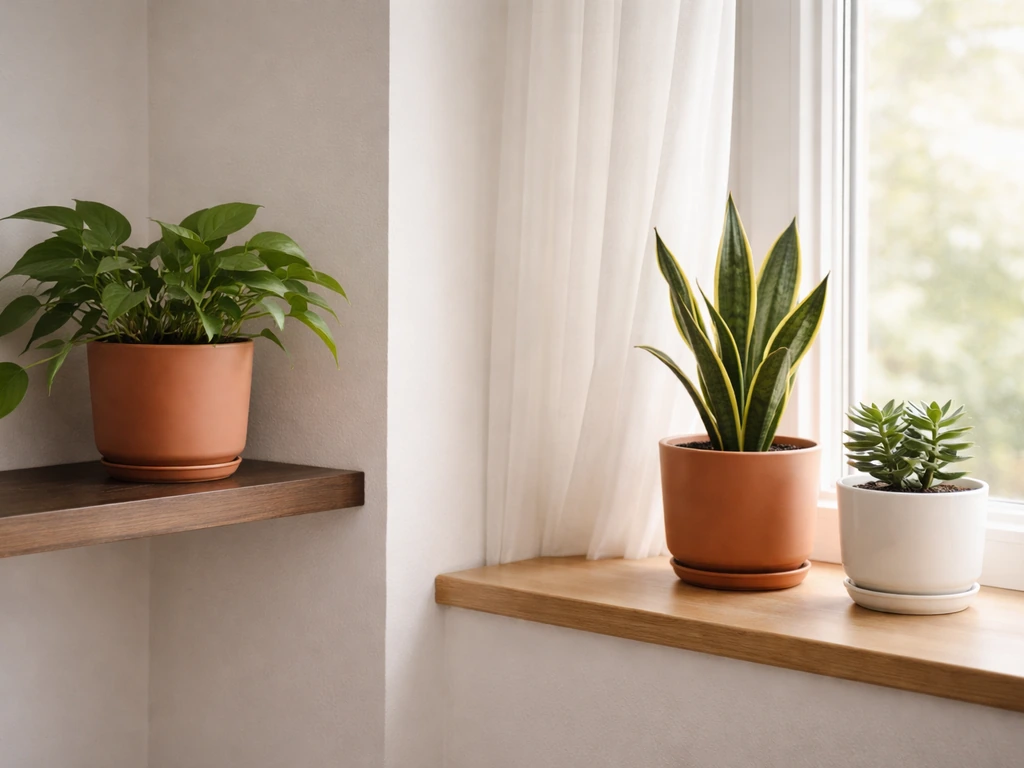 Three easy indoor plants in simple pots on a windowsill, showing low-light and bright-window options.