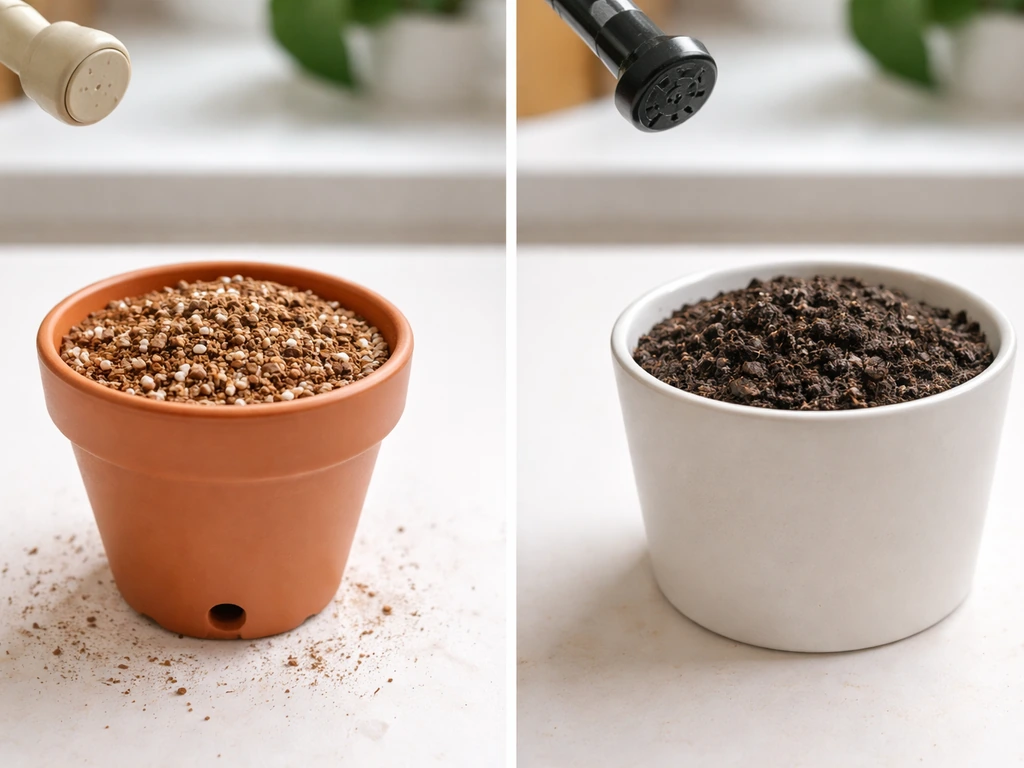 Two small plant containers side-by-side: one with a drainage hole and potting mix, one without drainage hole and garden
