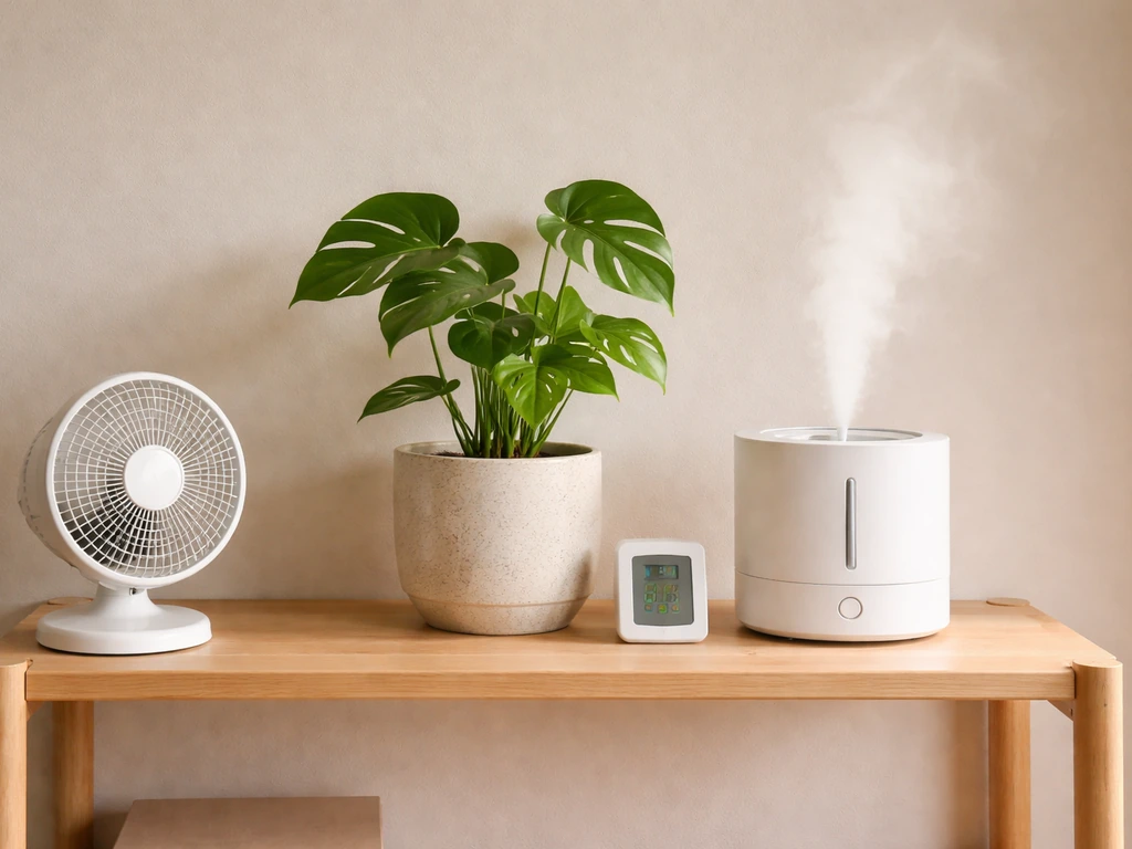 Houseplant on a shelf beside a hygrometer, humidifier with mist, and a small fan for airflow.