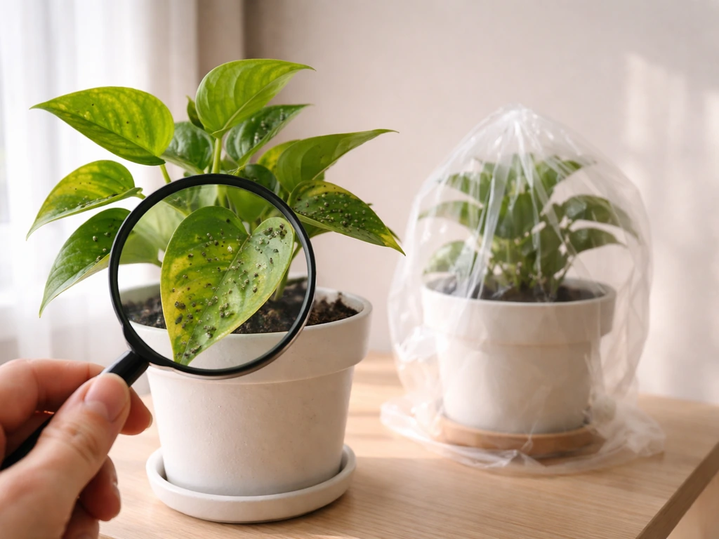 Hand inspects a spotted indoor plant leaf with a magnifying glass while a second pot is covered to quarantine.