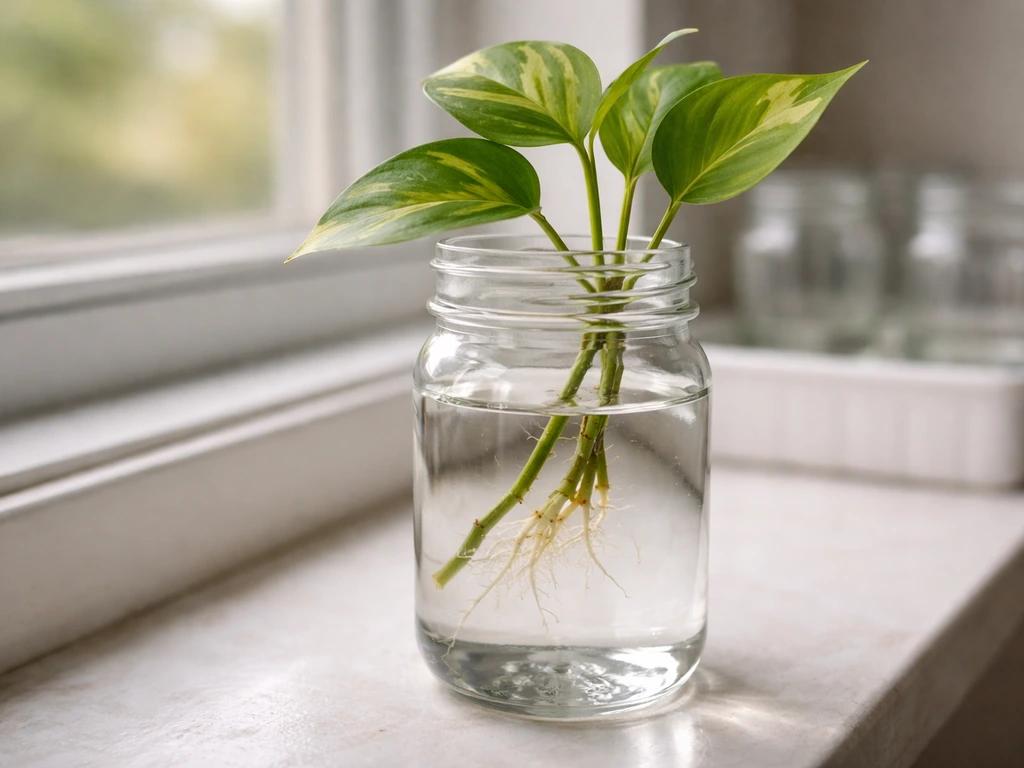 Pothos cutting in a clear water jar with emerging roots on a sunny windowsill, with a small tray nearby.