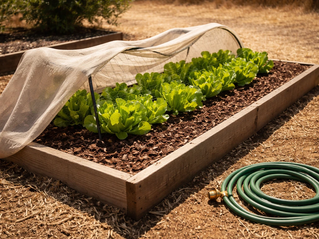 Peak-summer home garden with sun-shaded, mulched soil and thriving leafy plants in hot weather.