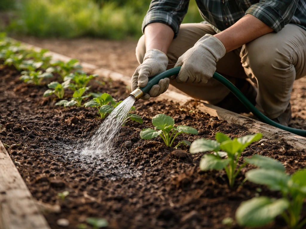 Gardener watering the root zone with a hose in early morning light, soil darkening as water soaks in.