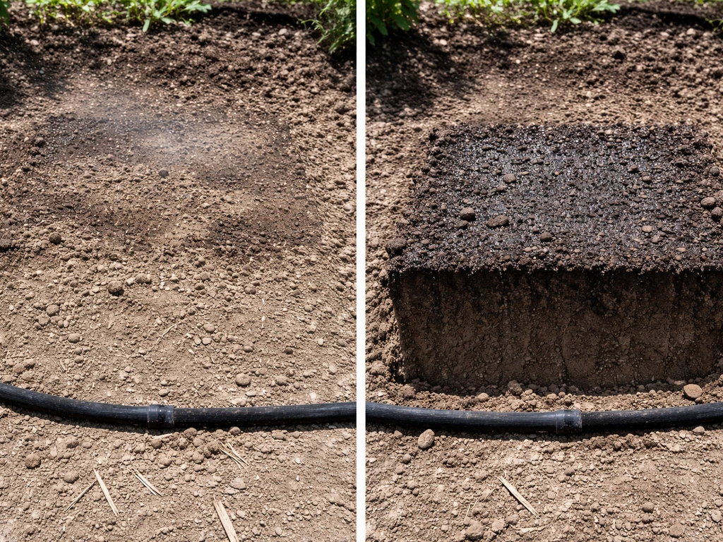 Garden soil comparison: dry shallow wetting on one side versus deep soaking with darker moist soil on the other.
