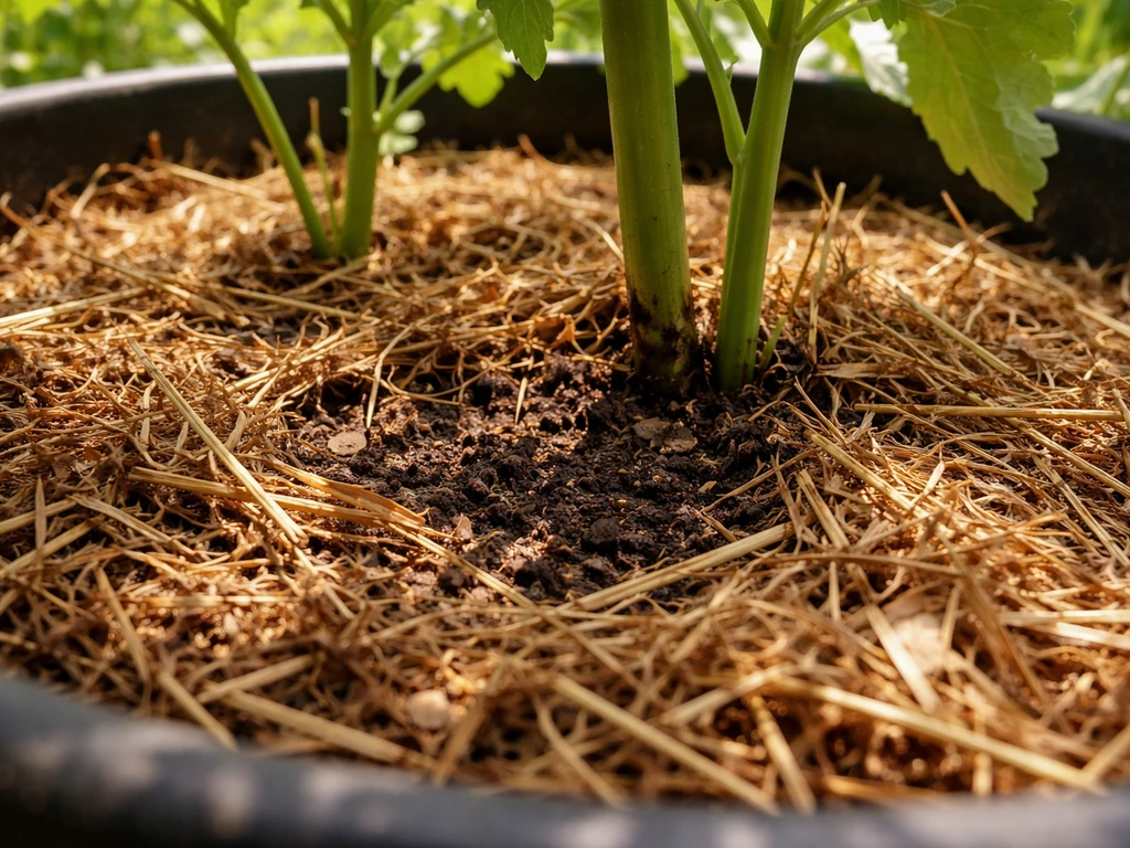 Close-up of organic mulch 2–4 inches deep protecting a shaded, moist plant root zone in summer.