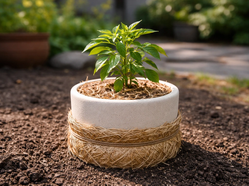 A potted plant in a light-colored insulated container with protective mulch around the base.