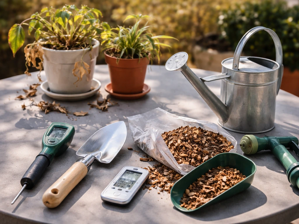 Morning hot-weather plant checklist items staged beside potted plants: probe, trowel, watering can, mulch, thermometer.