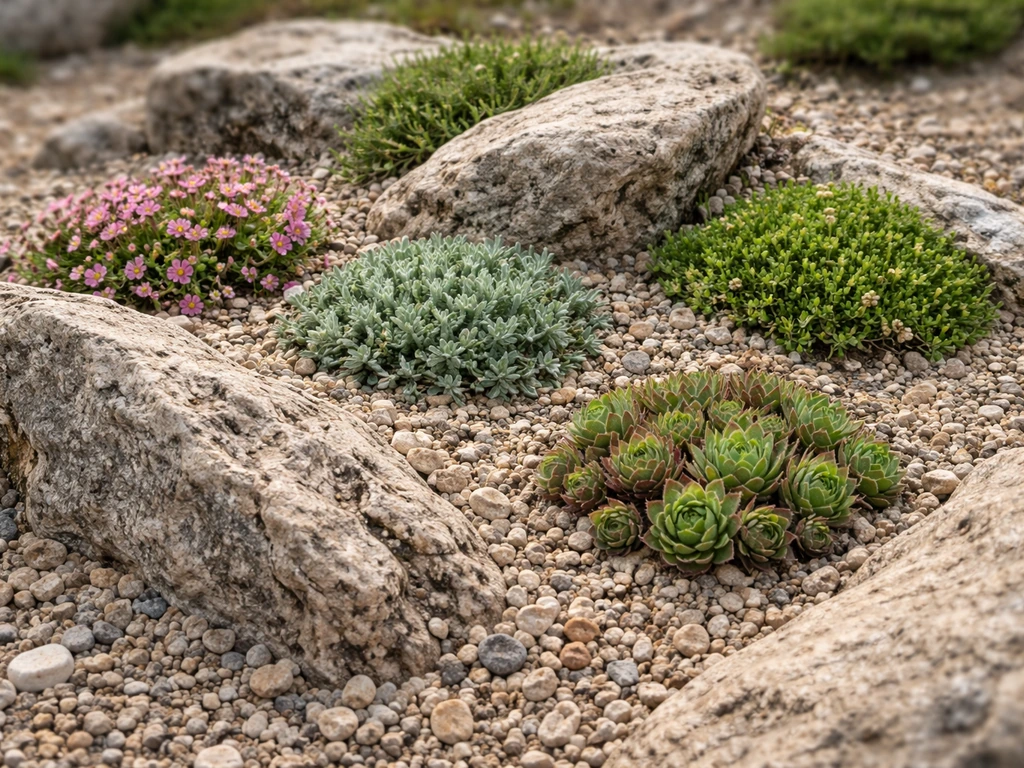 Low-growing alpine plants in a gritty, well-drained rocky garden with exposed stone and grit.