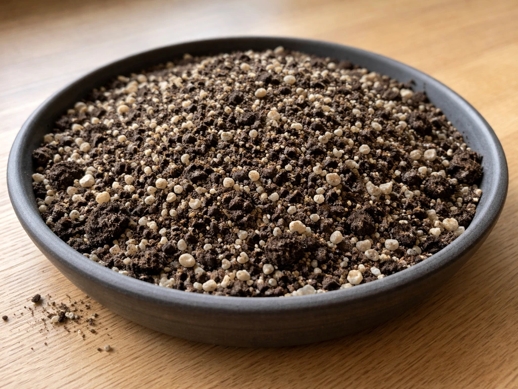 Close-up of a shallow bowl filled with a gritty 50:50 compost and sand growing mix for alpine plants.
