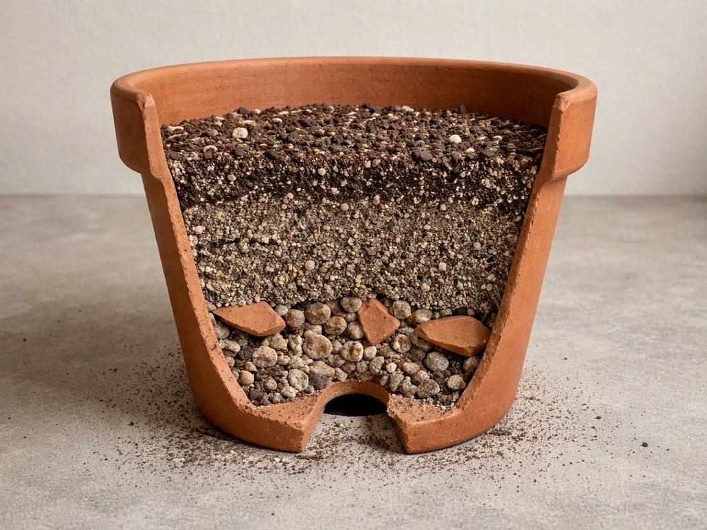 Cutaway terracotta pot showing drainage gravel and gritty alpine soil mix layers under a natural light look