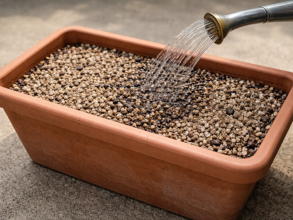 Close-up of gritty alpine container with dry top layer being carefully watered to avoid soggy compost.