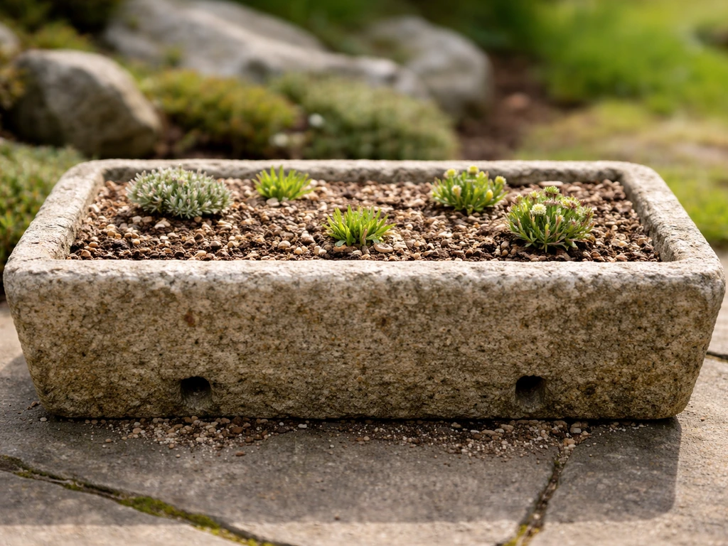 Spring alpine container with cleared drainage holes and fresh new growth, debris removed, in natural light.