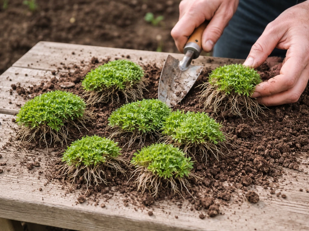 Garden trowel dividing a clump of alpine plants into smaller rooted sections